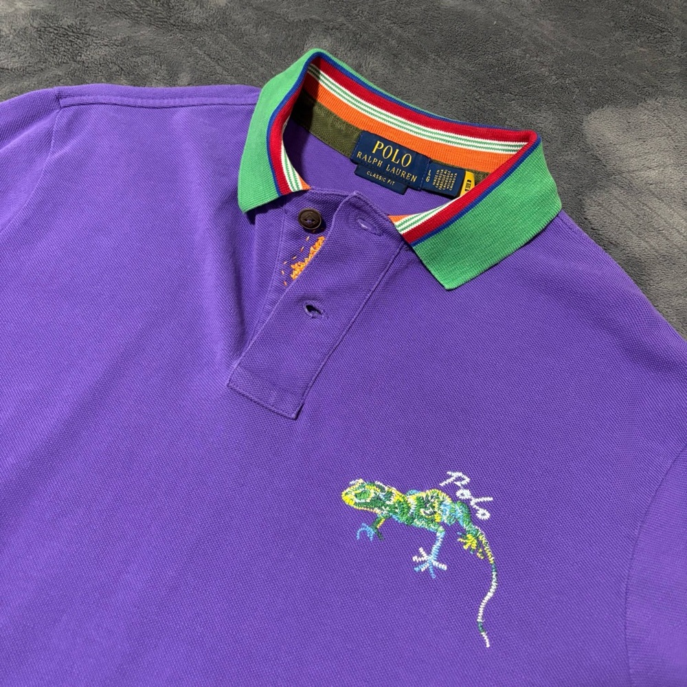 Polo Ralph Lauren Purple Lizard Shirt Green Collar Mens Large - Picture 3 of 7
